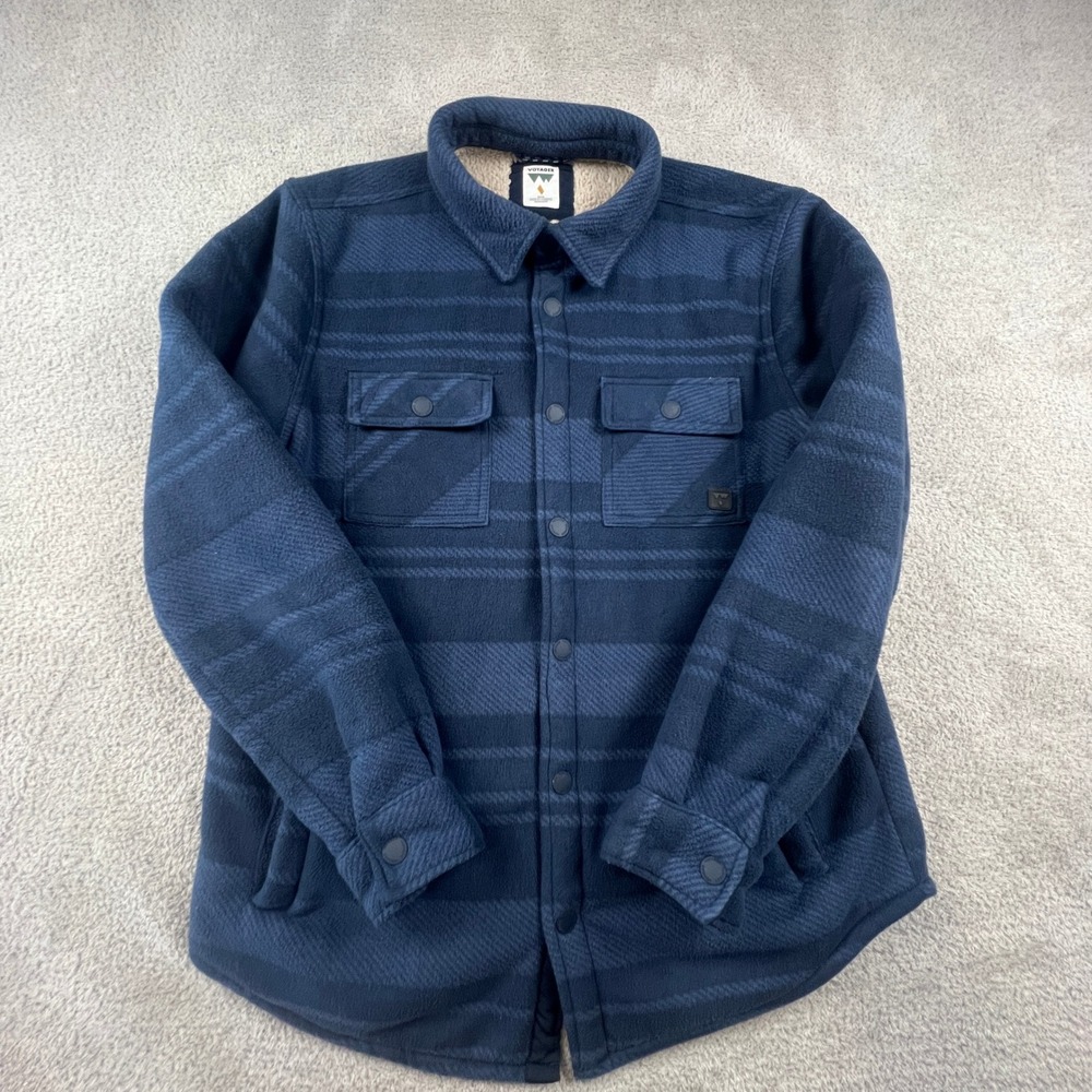 Voyager Mens Blue Striped Sherpa Lined Fleece Shirt Jacket‎ Shacket Medium